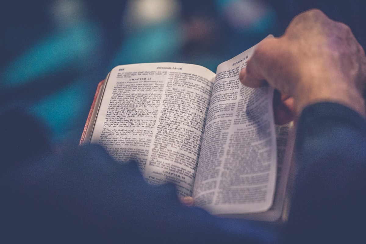 Open Bible on a wooden table