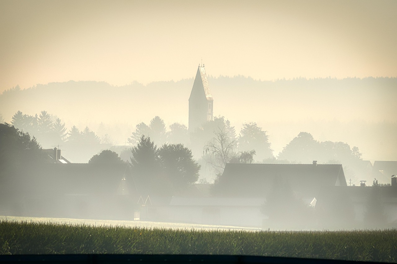 fog, fall, in the morning, nature, landscape, mood, secret, haze, the atmosphere, village, church, bavaria, silhuette, backlighting, mystical, mysterious, fairytale